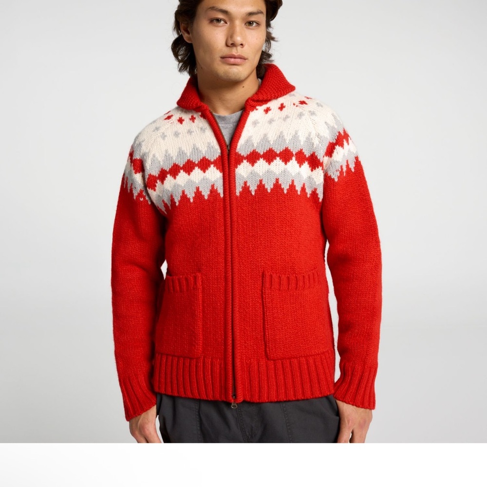 NWT Men’s Alpine Design Red & White Wool Blend  Zip-Up Sweater Sz L $98 -